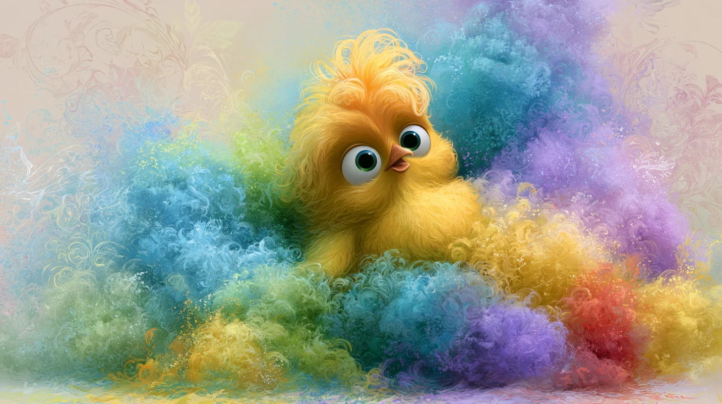 Pequeño pollito amarillo entre nubes arremolinadas de polvo de colores