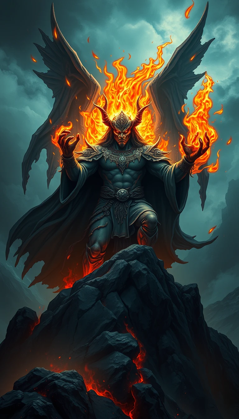 Mythological figure wreathed in fire atop stormy mountain