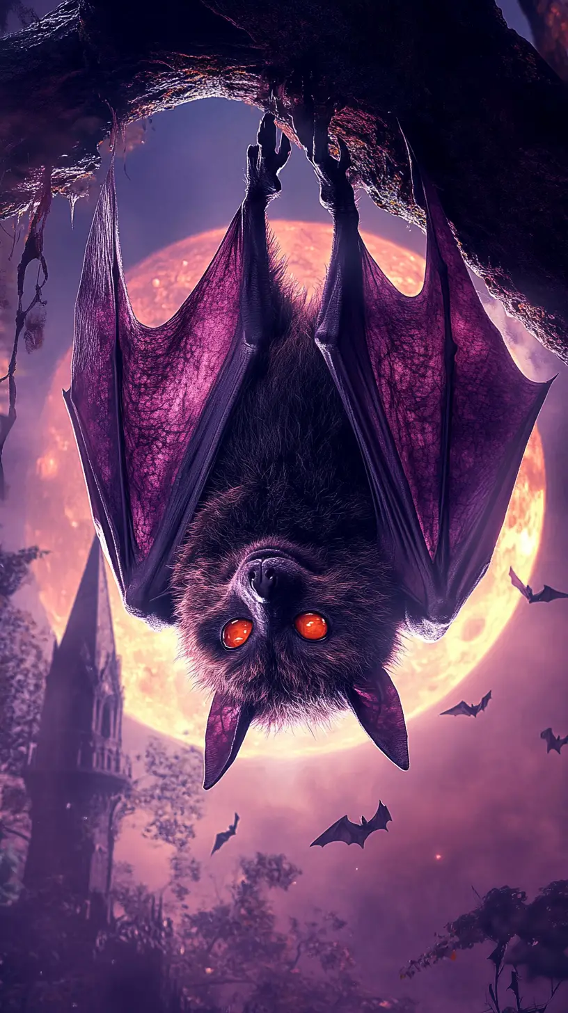 Sinister bat before a glowing moon over gothic ruins