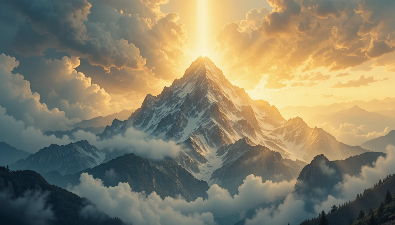 Cima de montaña majestuosa bajo un resplandor celestial