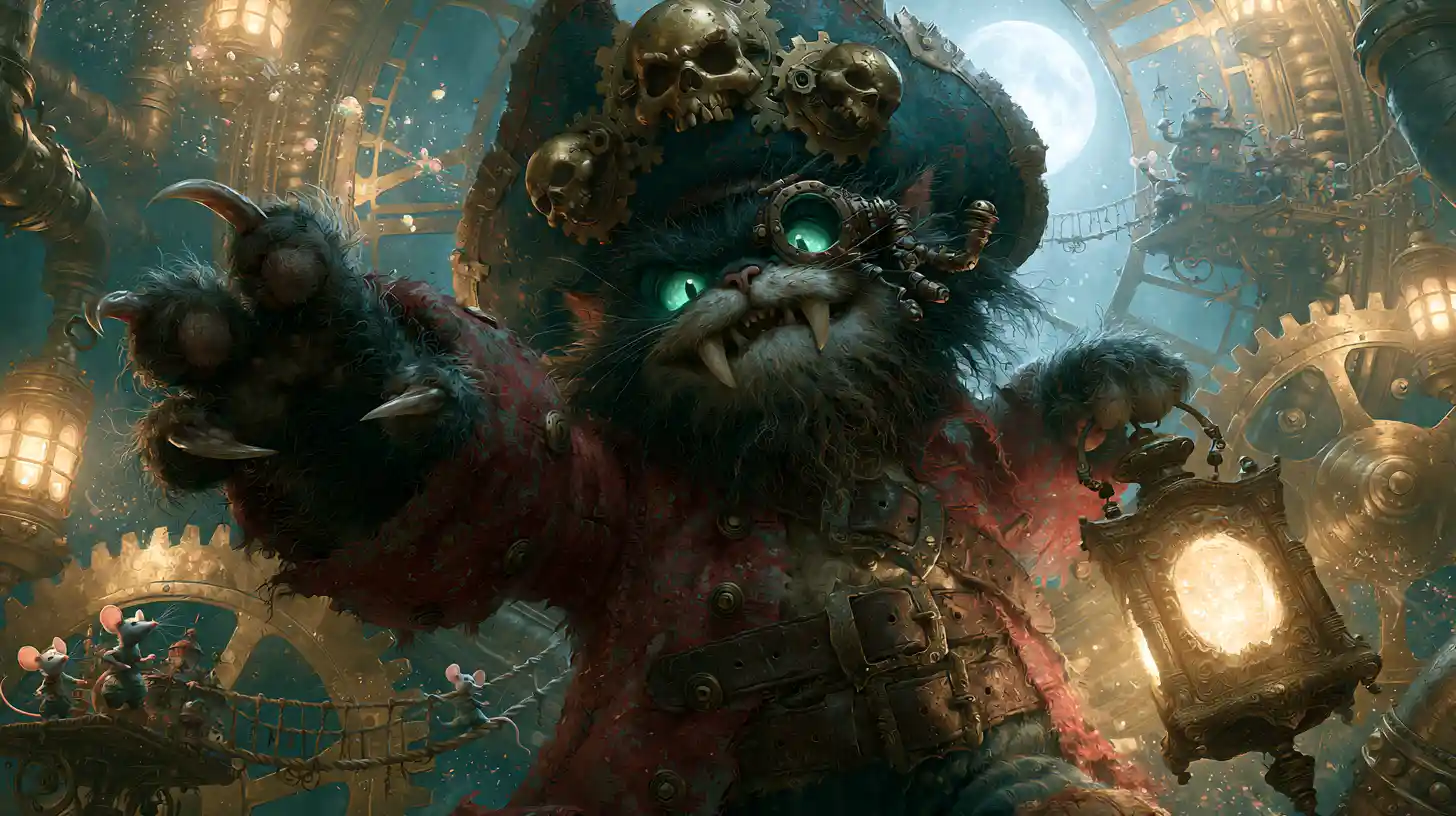 Gato capitán pirata dentro de un colosal reloj steampunk