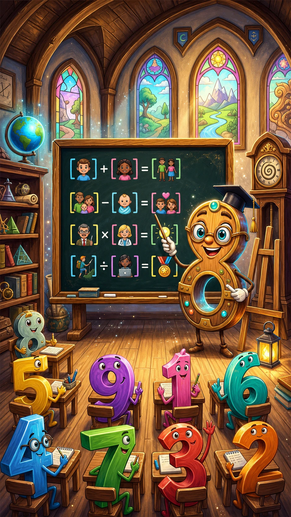 教室で数学を学ぶシュールな数字キャラクターたち