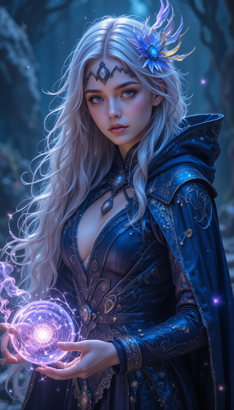 Joven bruja espacial de ojos violetas lanzando magia brillante