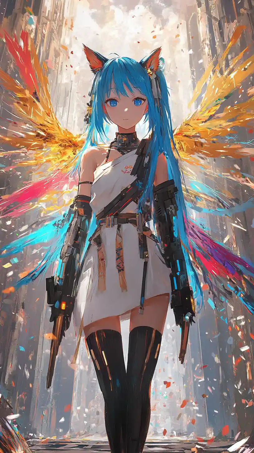 Blue haired anime girl in futuristic outfit with arrows