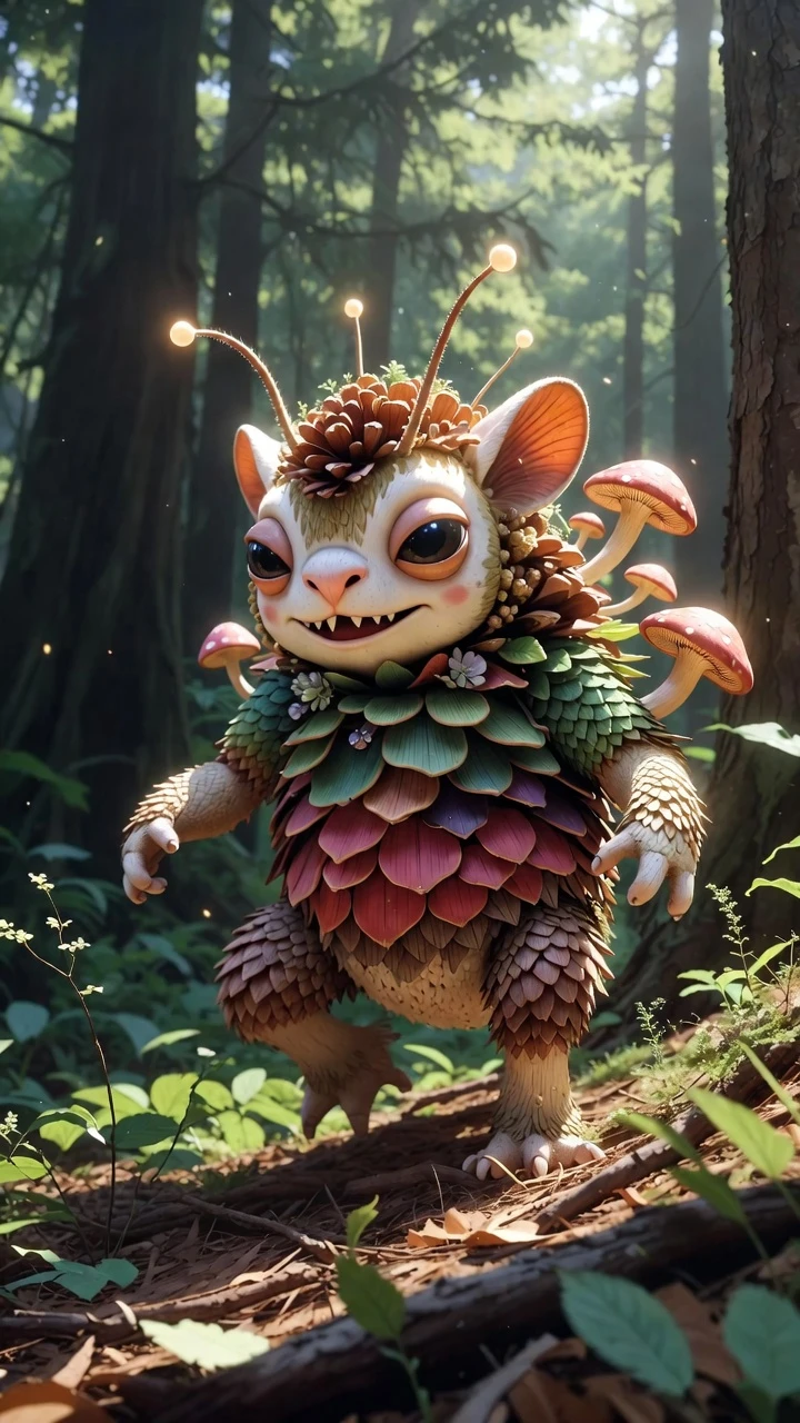 Whimsical fantasy creature made of forest objects in woods