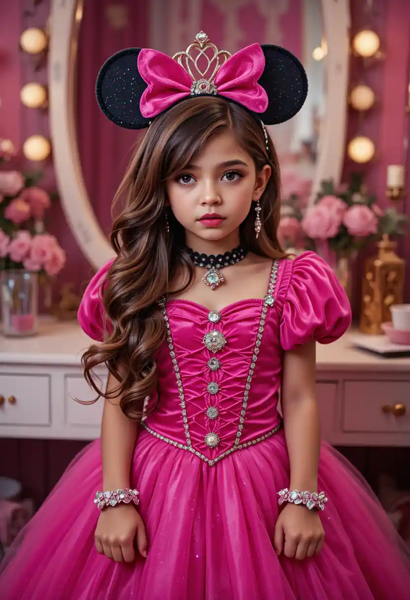 Niño hispano nervioso con disfraz de princesa junto a un tocador