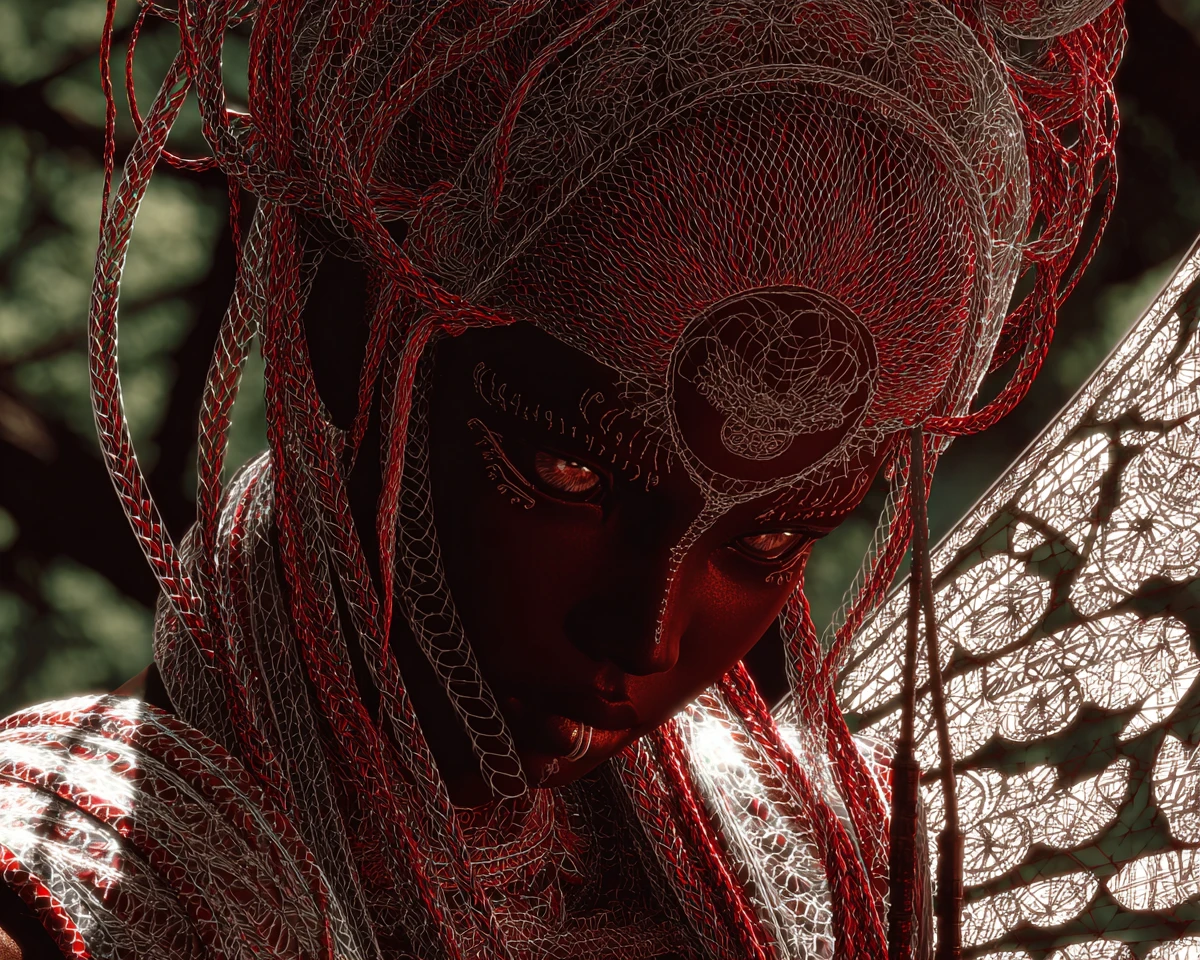 Mujer angelical de piel oscura en un paisaje japonés surrealista