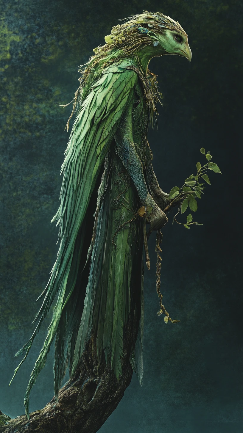 Elegante hada verde de pie con gracia sobre una rama del bosque