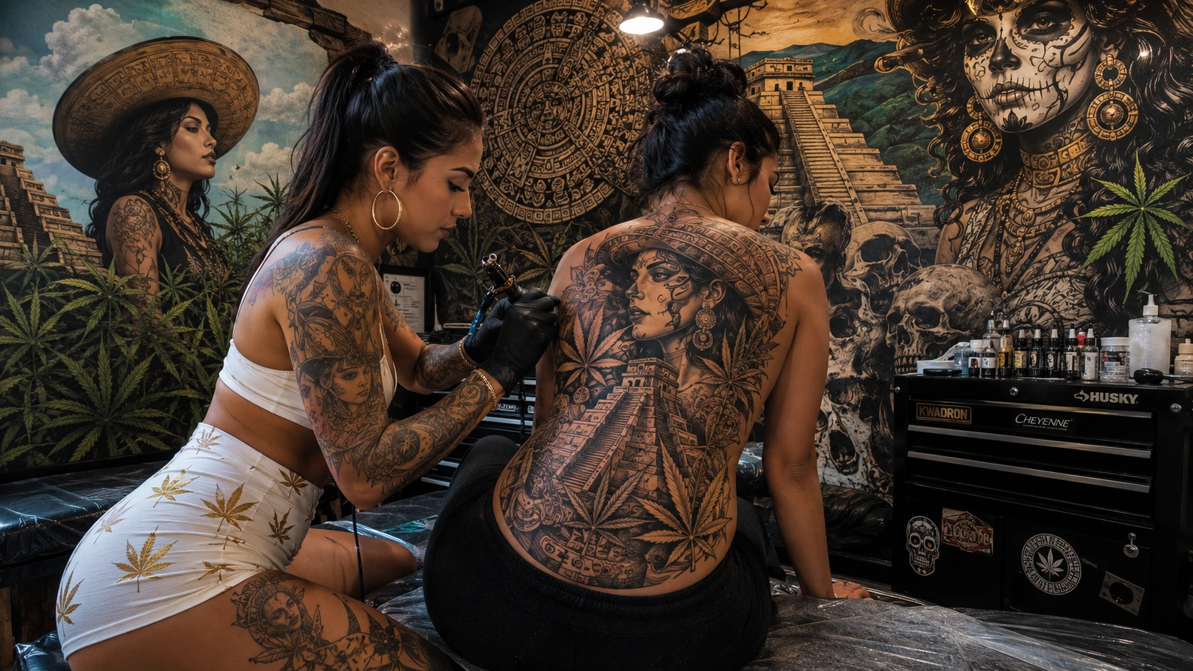 Chica mexicana tatuando a chica brasileña en el interior de un estudio