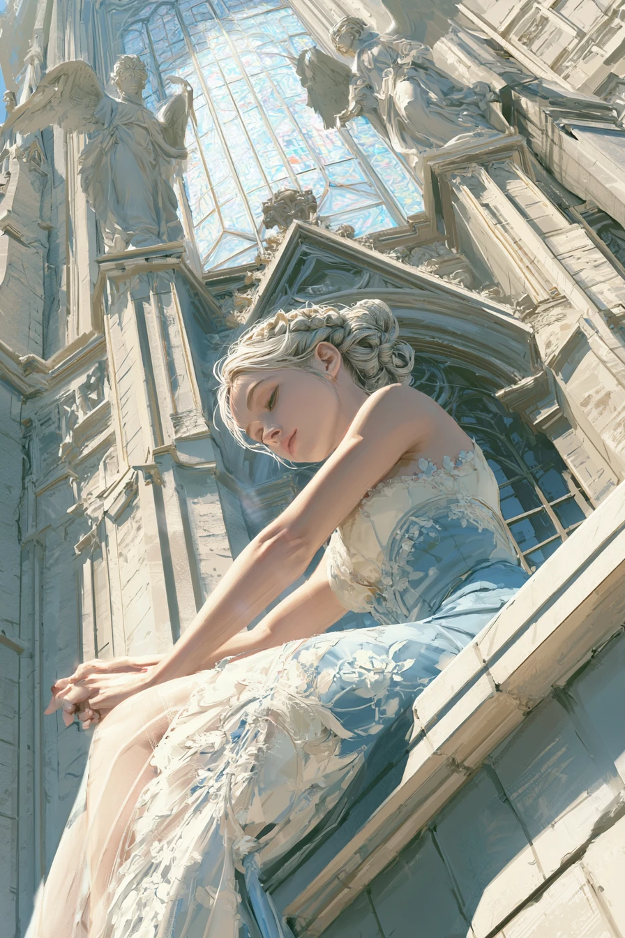 Joven sentada junto a la catedral bajo la mirada de ángeles