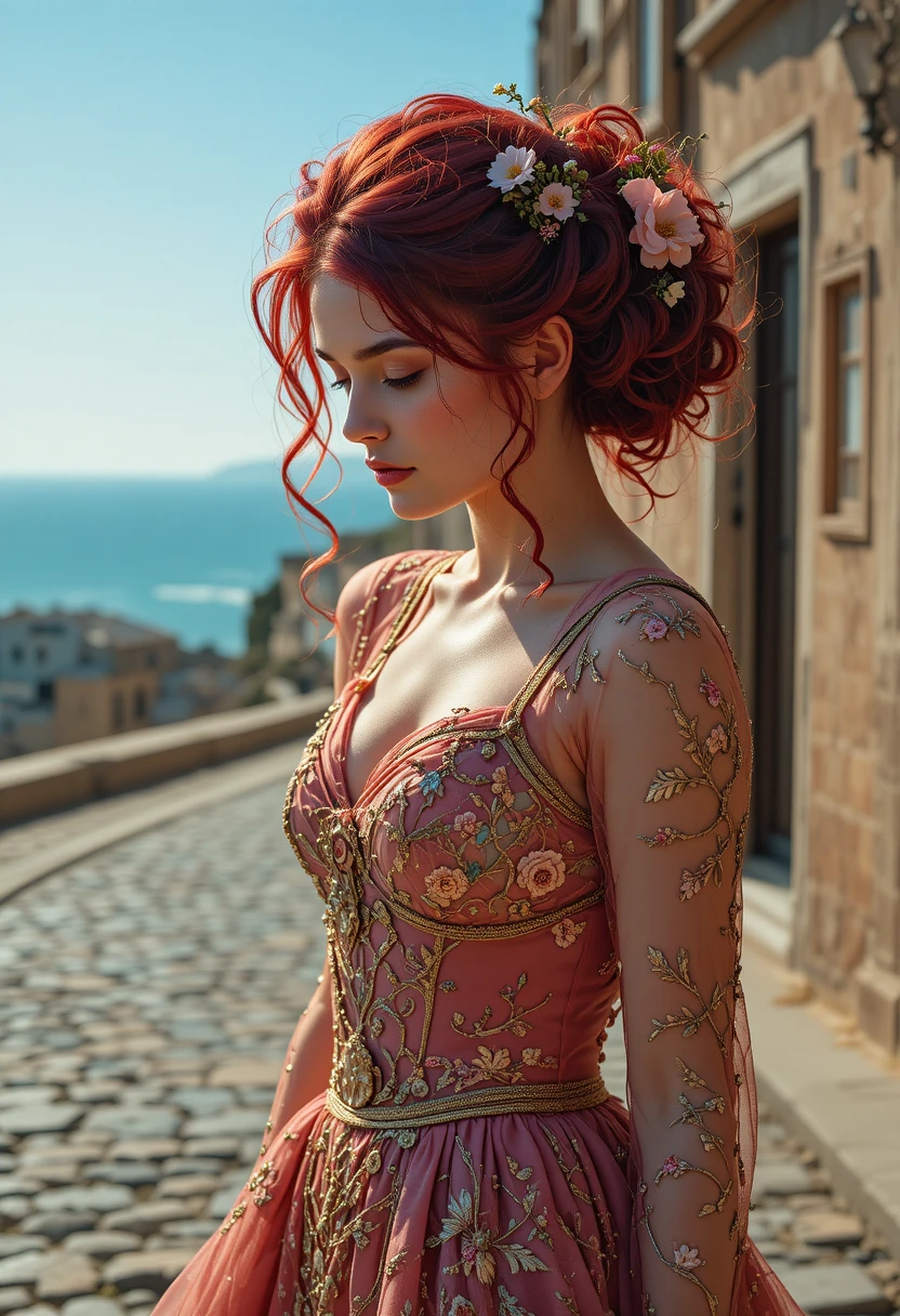 Mujer cinematográfica con vestido barroco en calle adoquinada