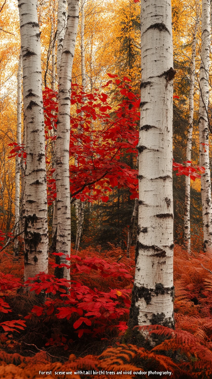 Birch forest with vivid red autumn leaves in sunlight