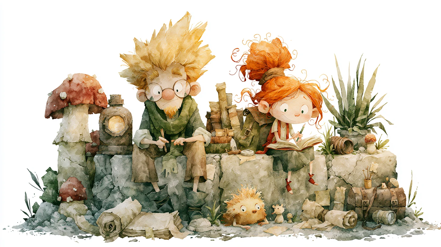 Escena de amistad en acuarela con dos personajes de dibujos animados extravagantes