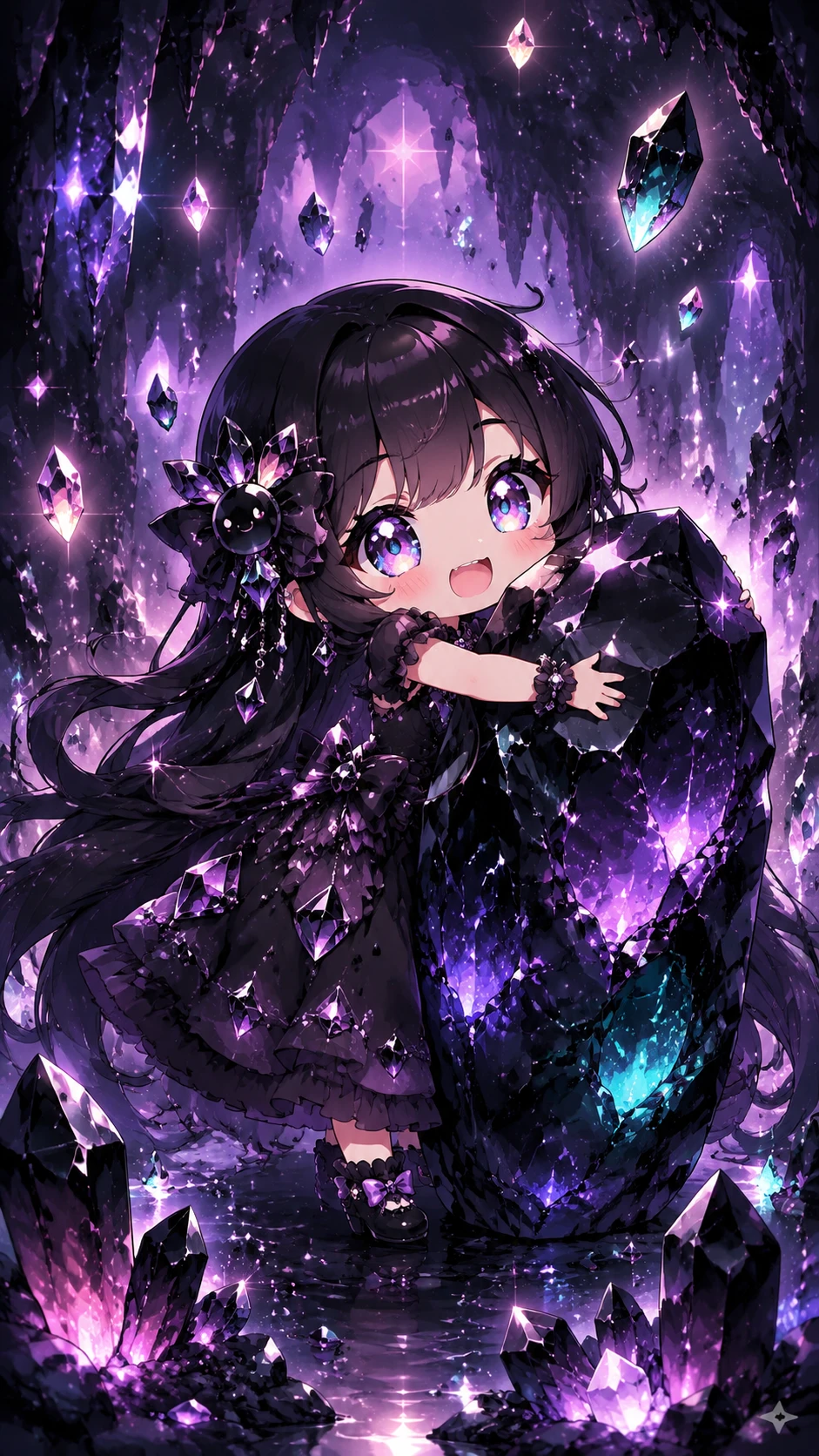 Linda chica anime abrazando una piedra en una cueva de cristal