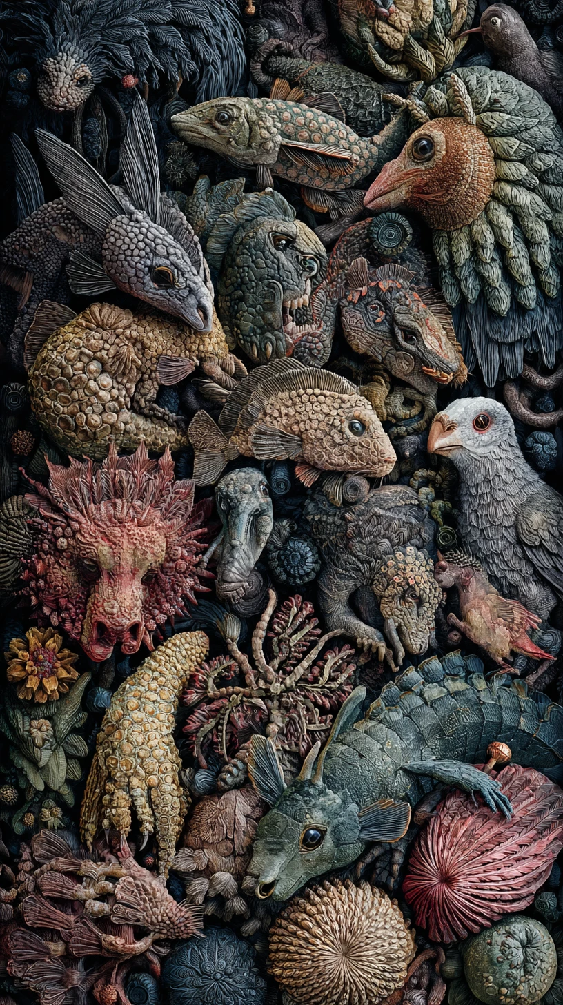 Surreal oil painting of abstract intertwined animal and plant life