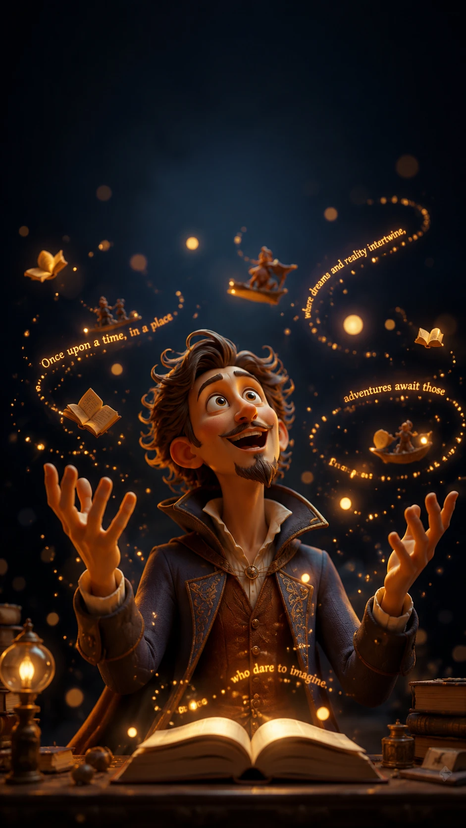 3d storyteller character with glowing fantasy elements