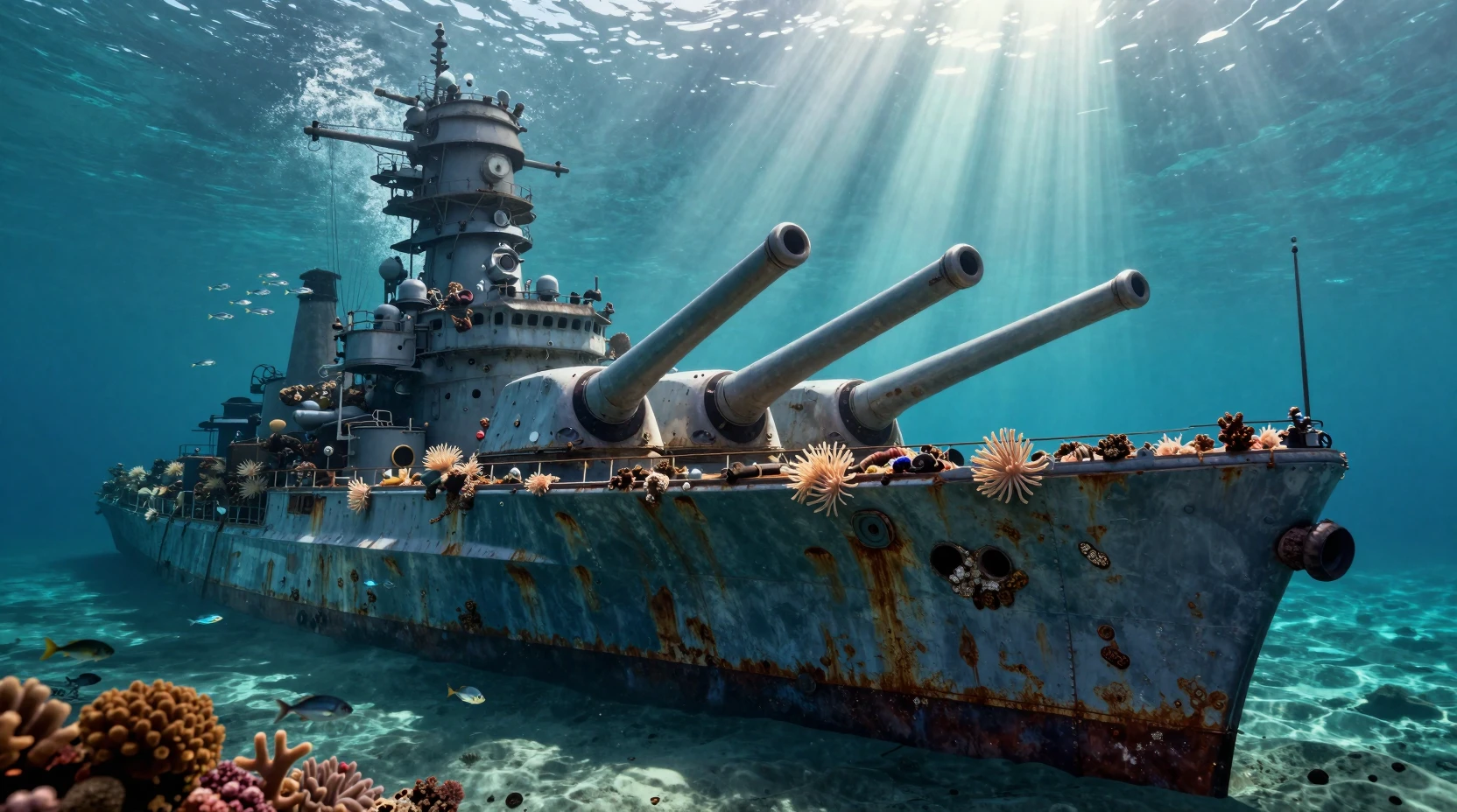 日差しに照らされた砂地の海底に沈む戦艦の残骸