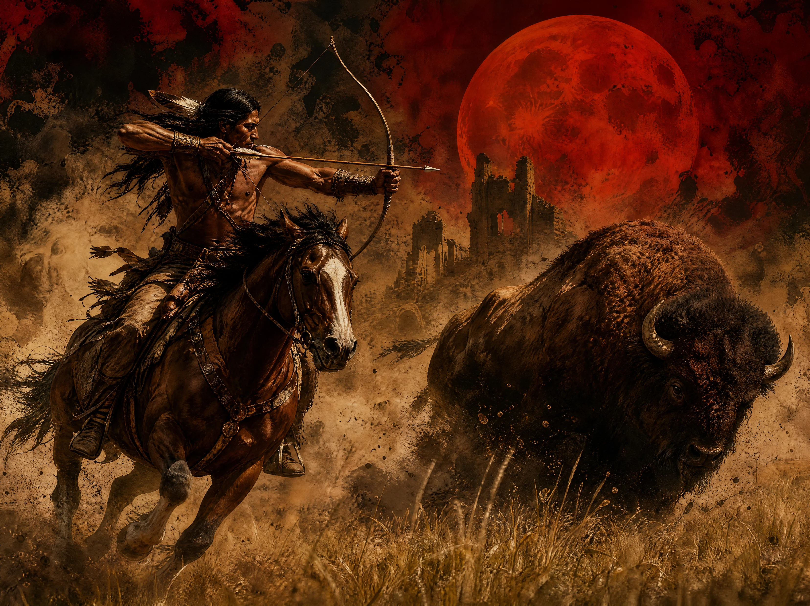 Guerrero nativo persiguiendo búfalos bajo una luna rojo sangre