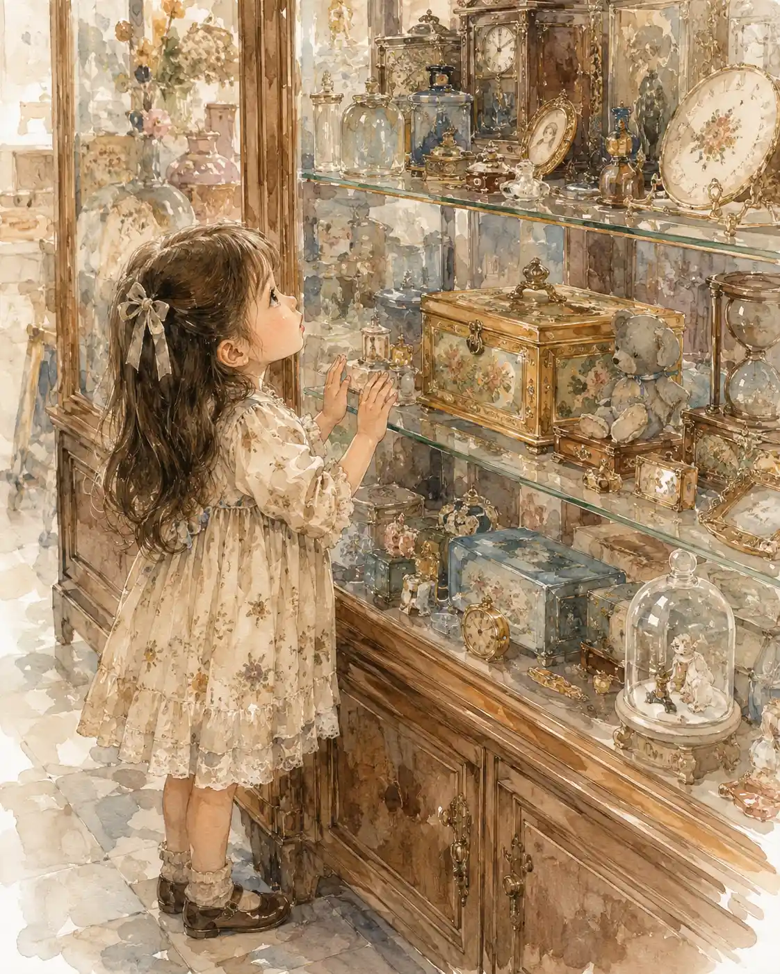 ビンテージの飾り棚に見とれる少女の水彩画