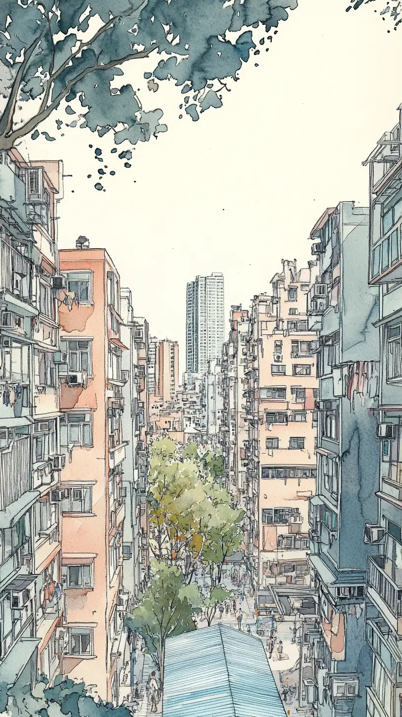 Cañón urbano de ensueño en acuarela con edificios de apartamentos en tonos pastel