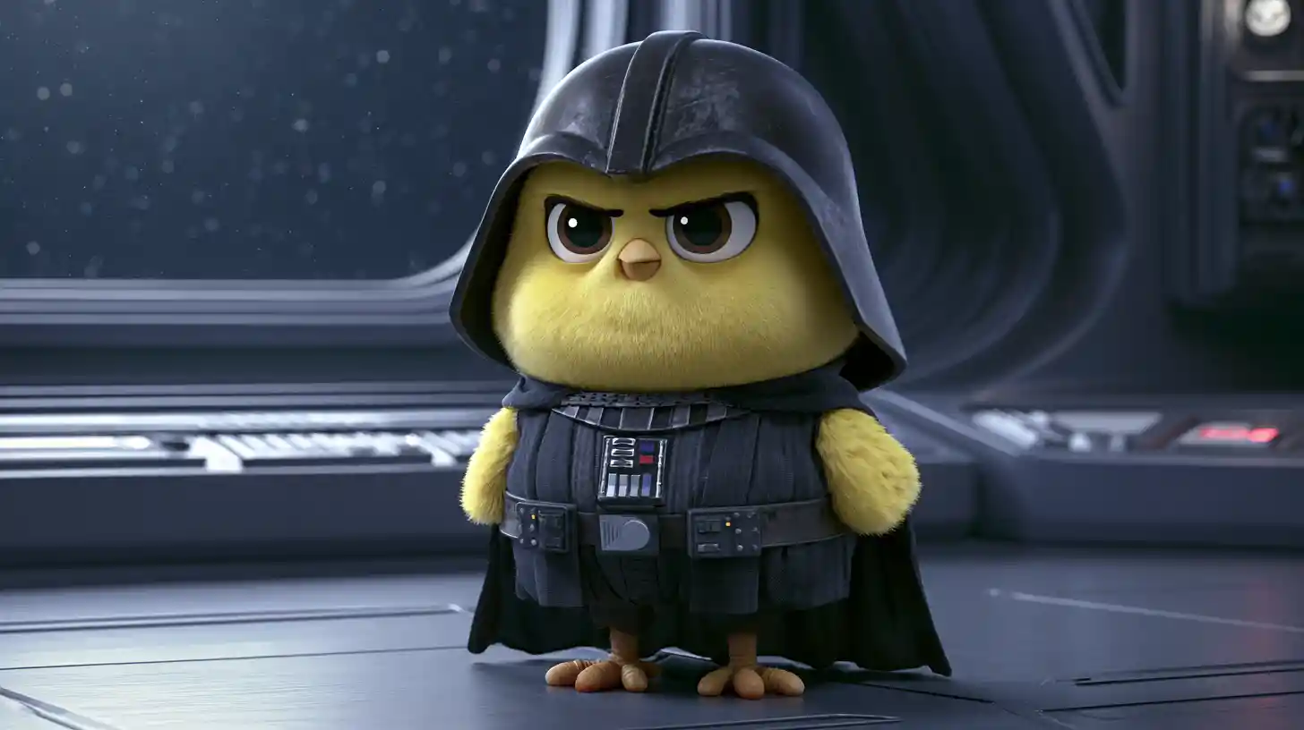 Cute yellow chicken dressed as a dark space villain