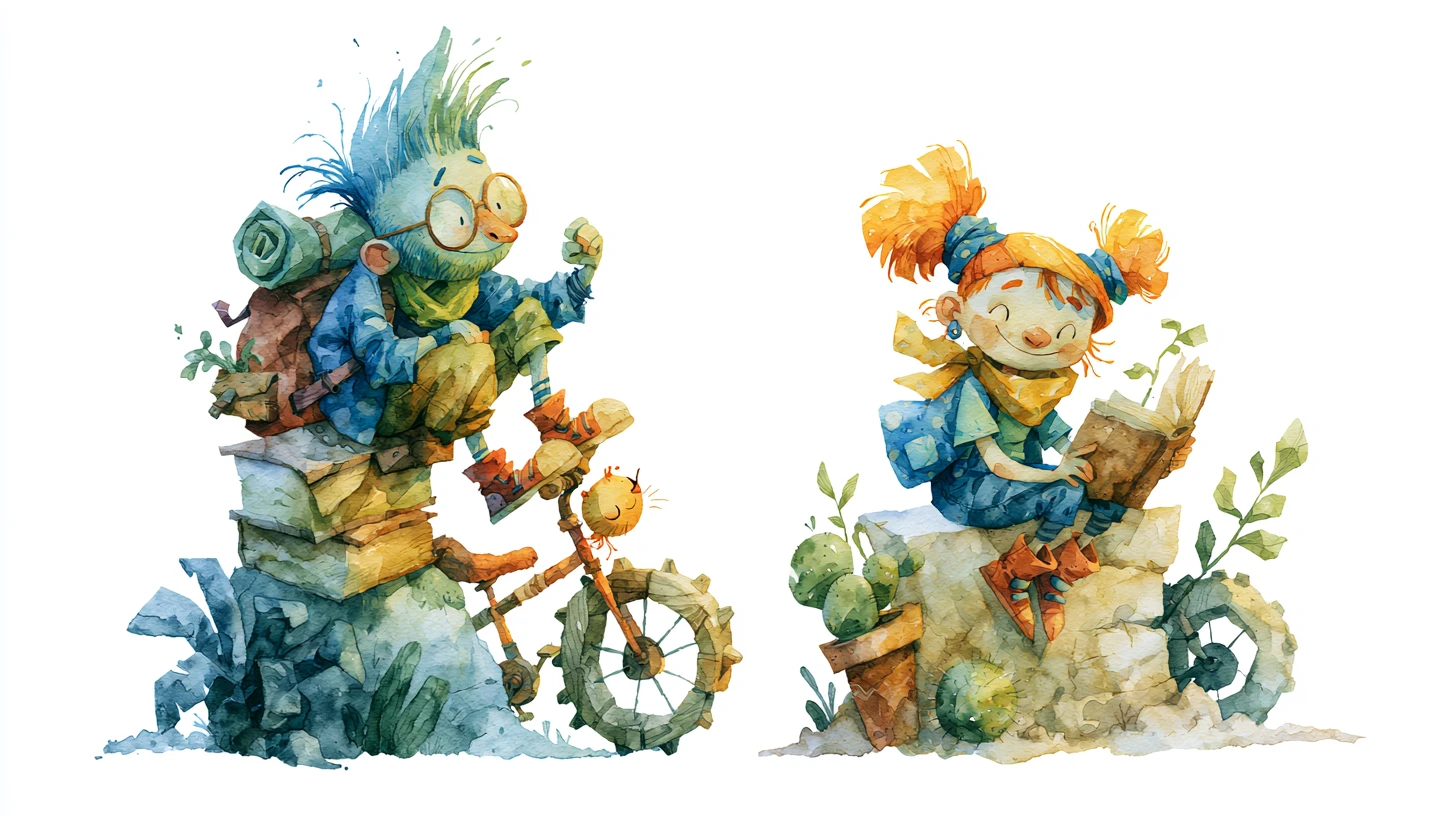 Watercolor cartoon friends in playful contrasting poses