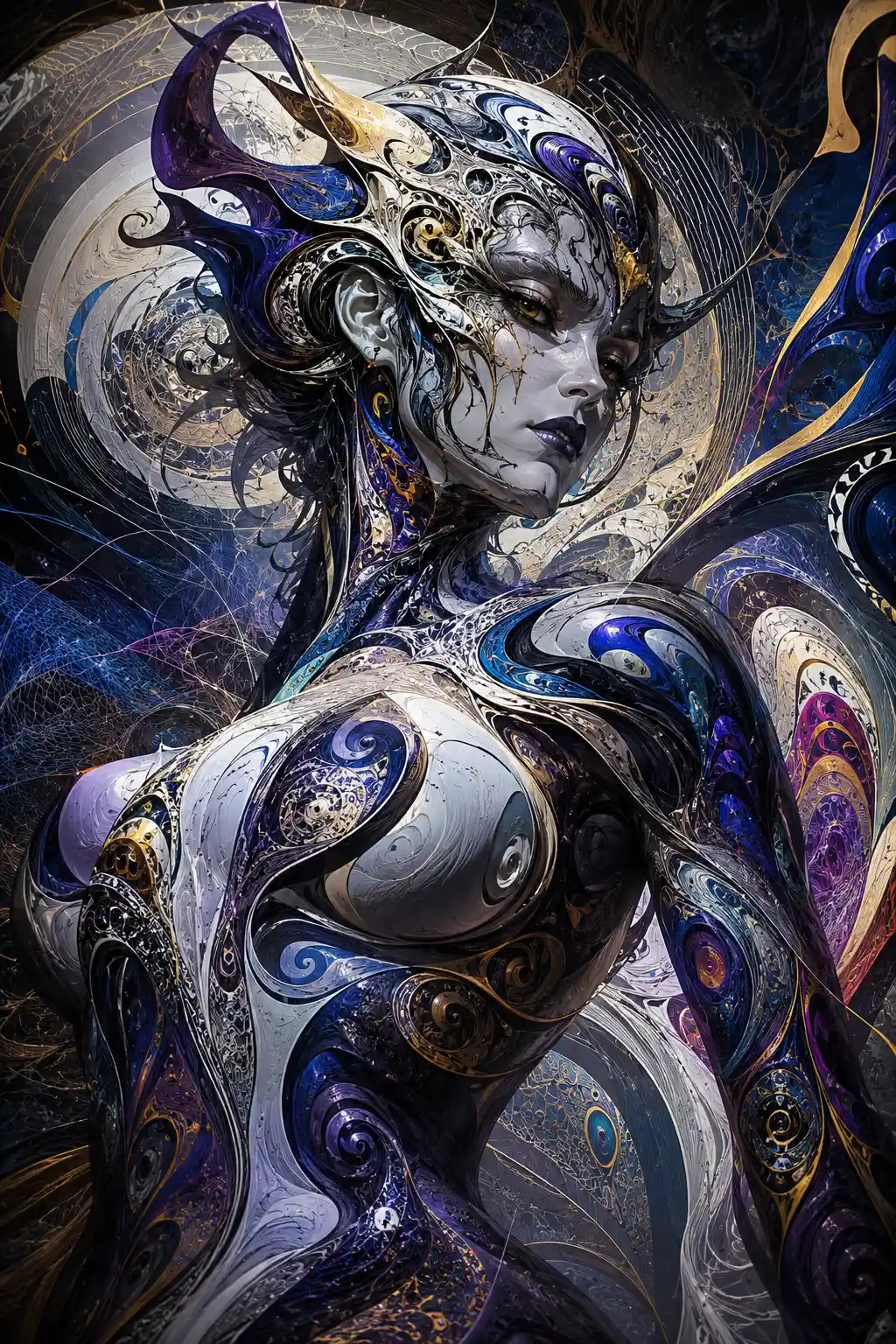 Epic fantasy woman with fractal ceramic body and steel sheen