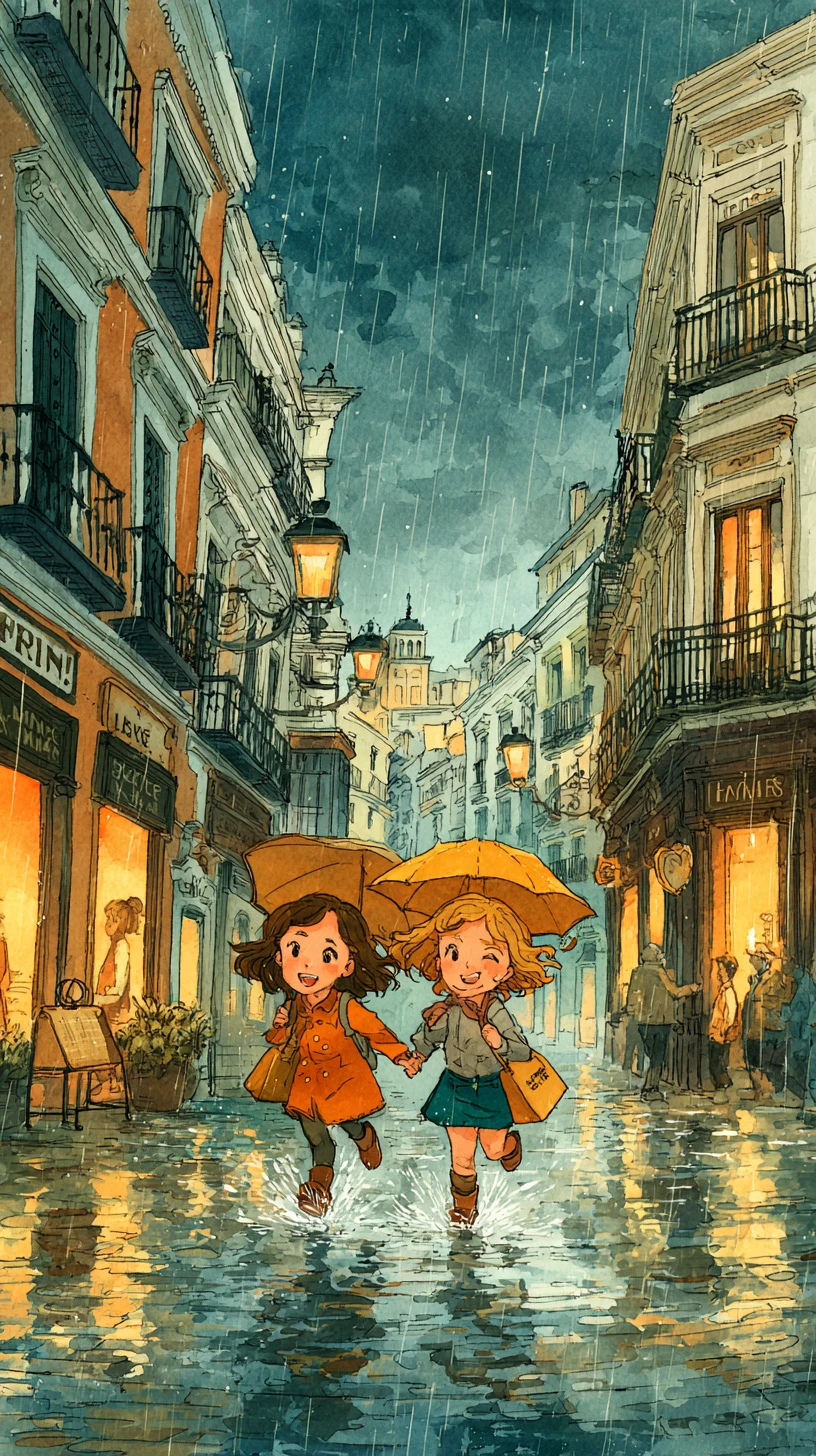 Dos niñas alegres corriendo por una calle lluviosa de la ciudad