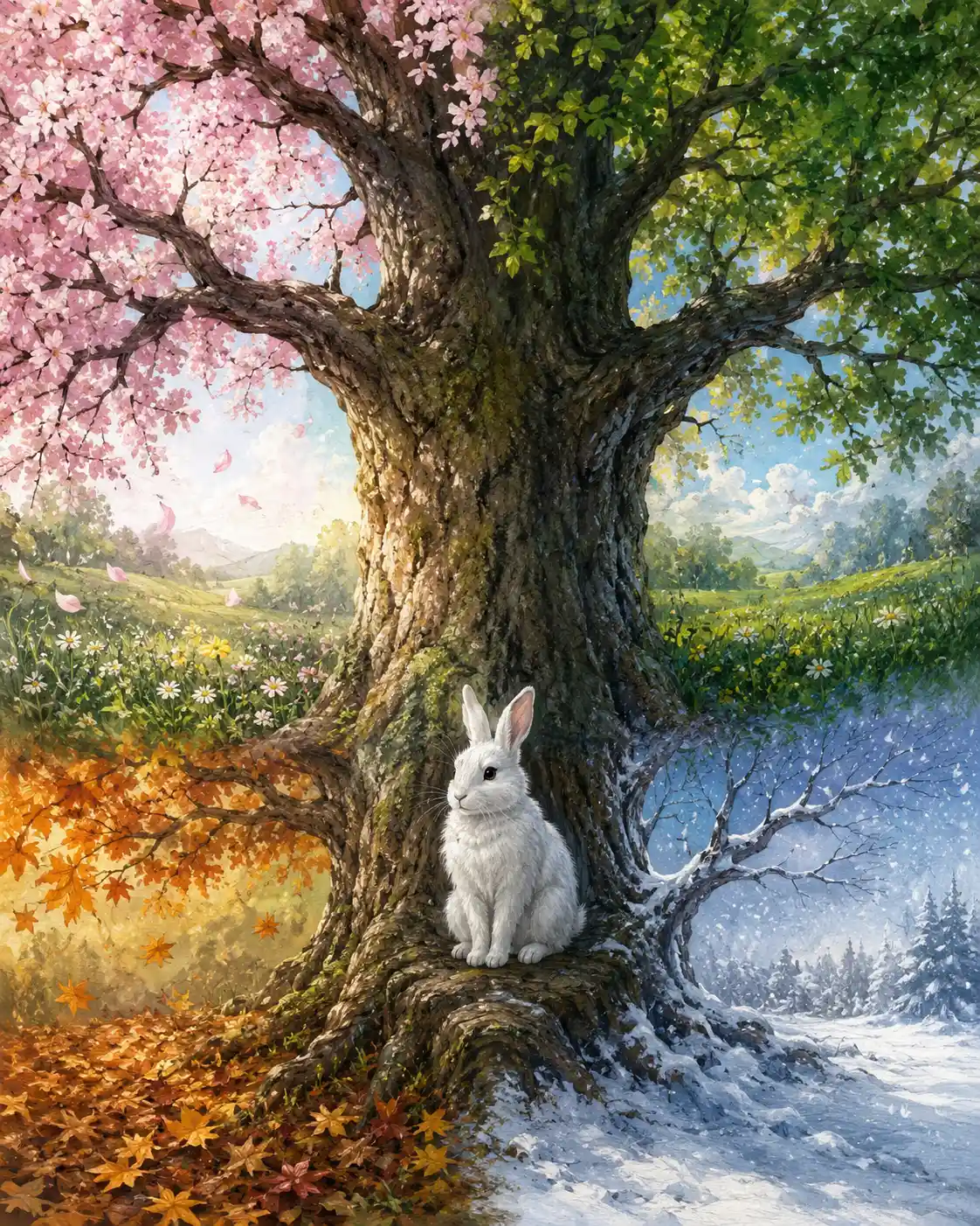 移ろう季節の中で古木の下にいる白ウサギ