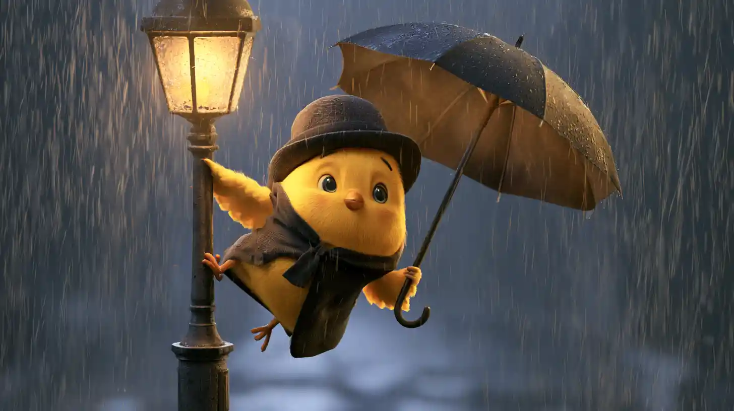 Pollito Amarillo Alegre Cantando Bajo la Lluvia en una Farola