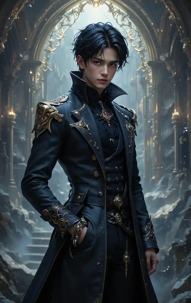 Joven hombre de anime de piel oscura con atuendo gótico de vampiro