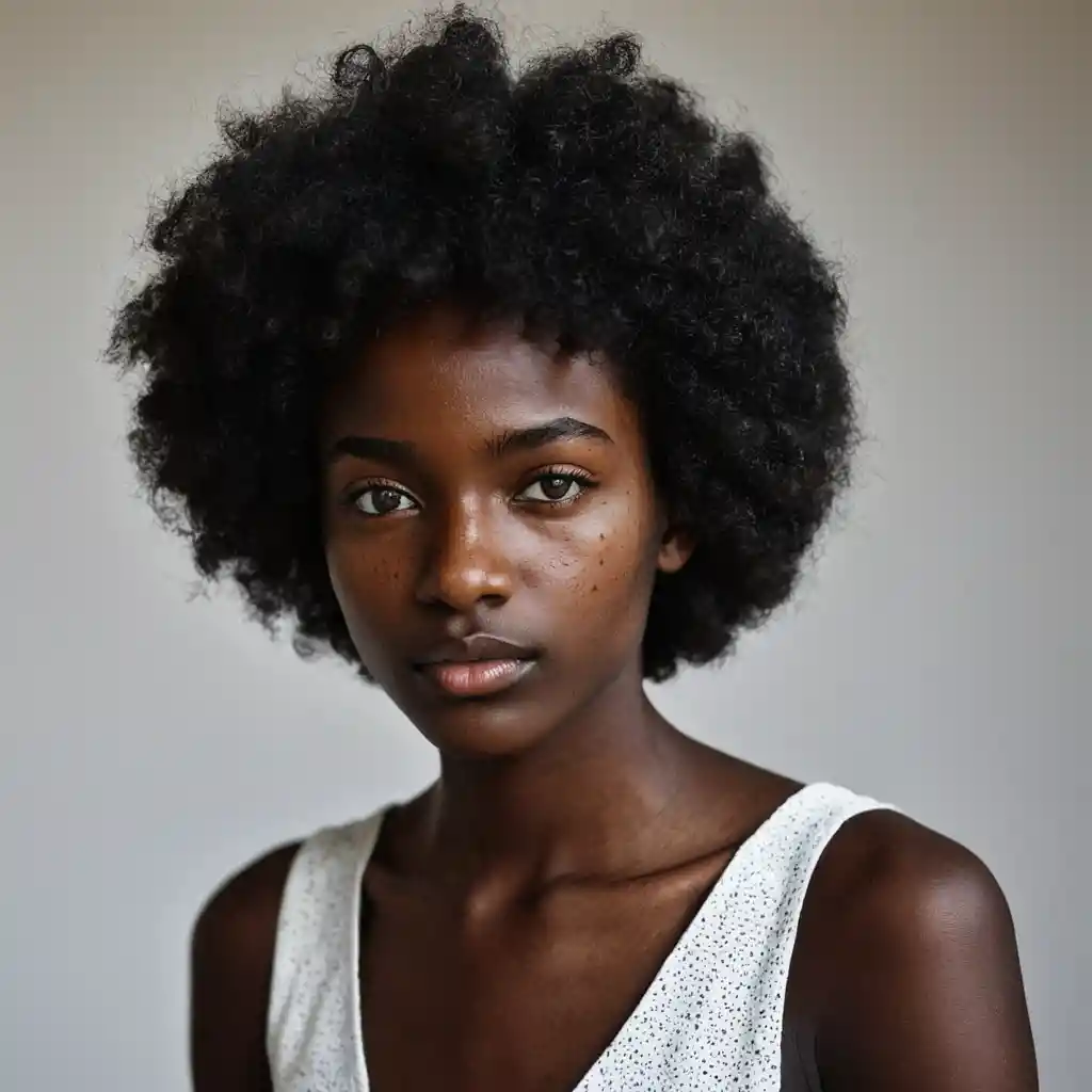 Junge dunkelhäutige Frau mit kurzem Afro und Sommersprossen