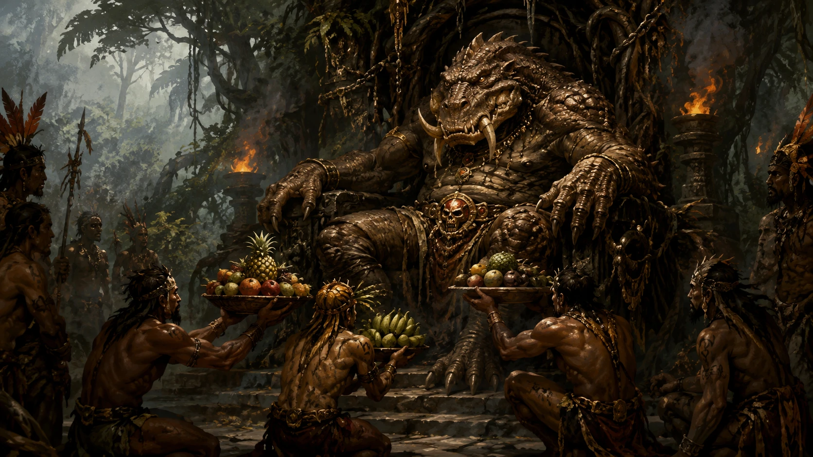 Reptilian Jungle Tyrant Worshiped By Fearful Villagers