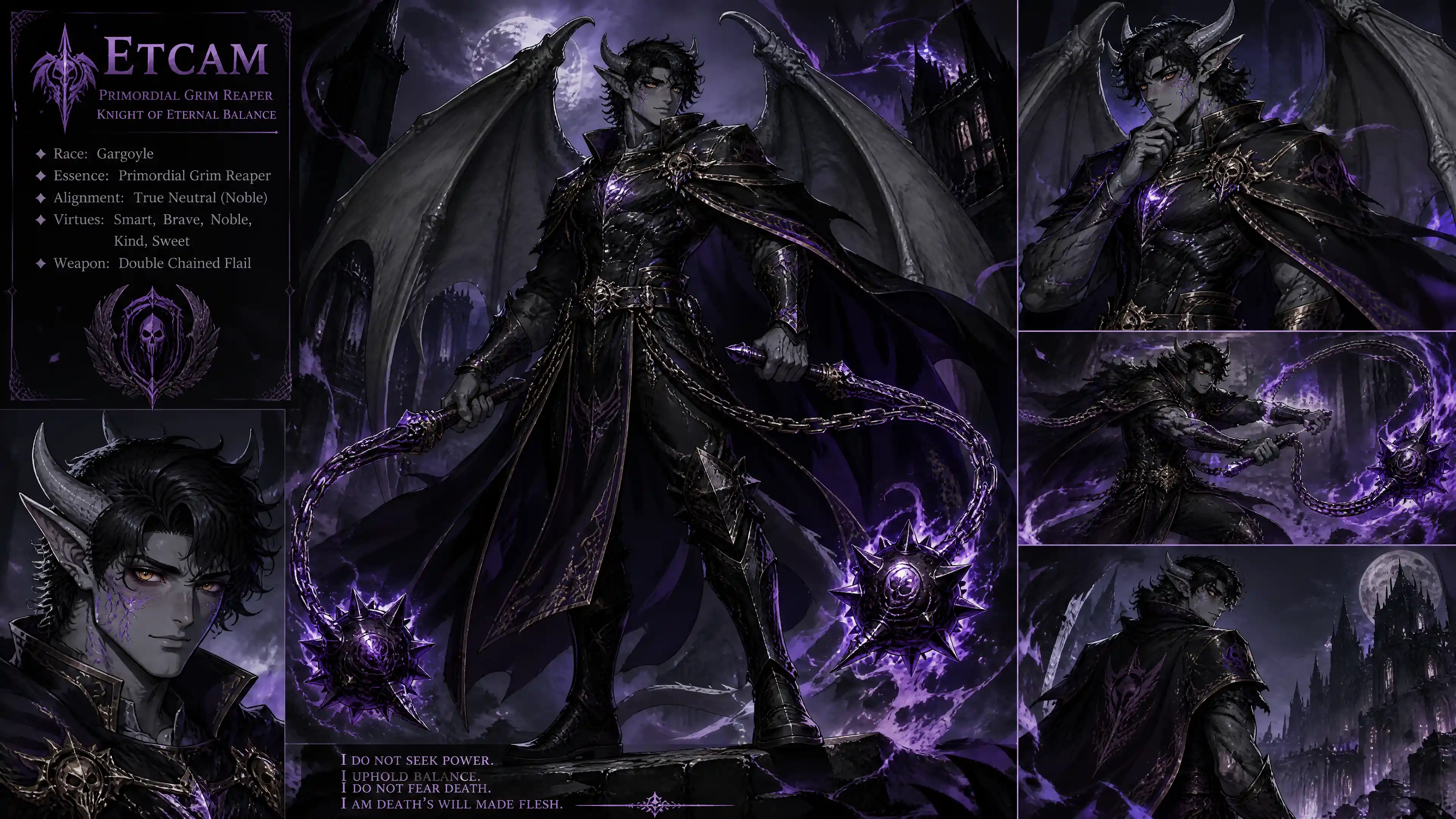 Caballero gárgola heroico con maza encadenada y capa oscura