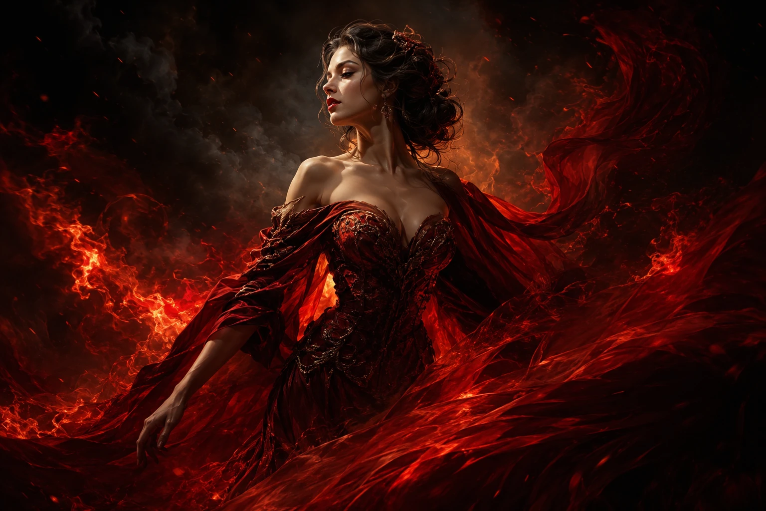 Young woman in red gown amid fire and smoke