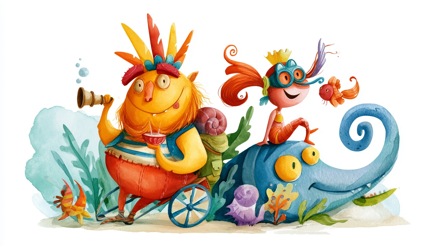 Watercolor friendship scene with two quirky storybook characters