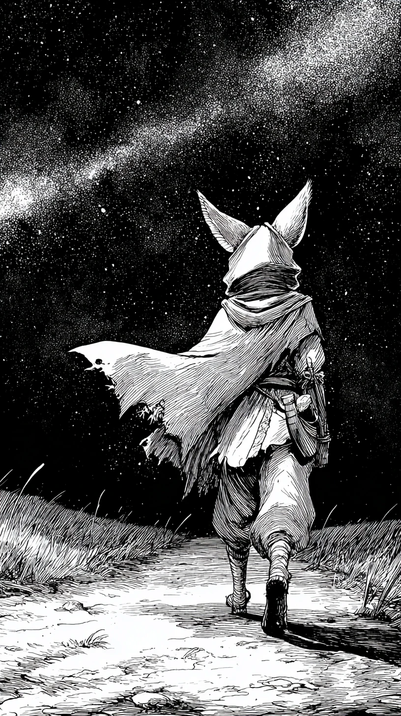 Zorro fénec antropomórfico vagabundo bajo un cielo nocturno estrellado