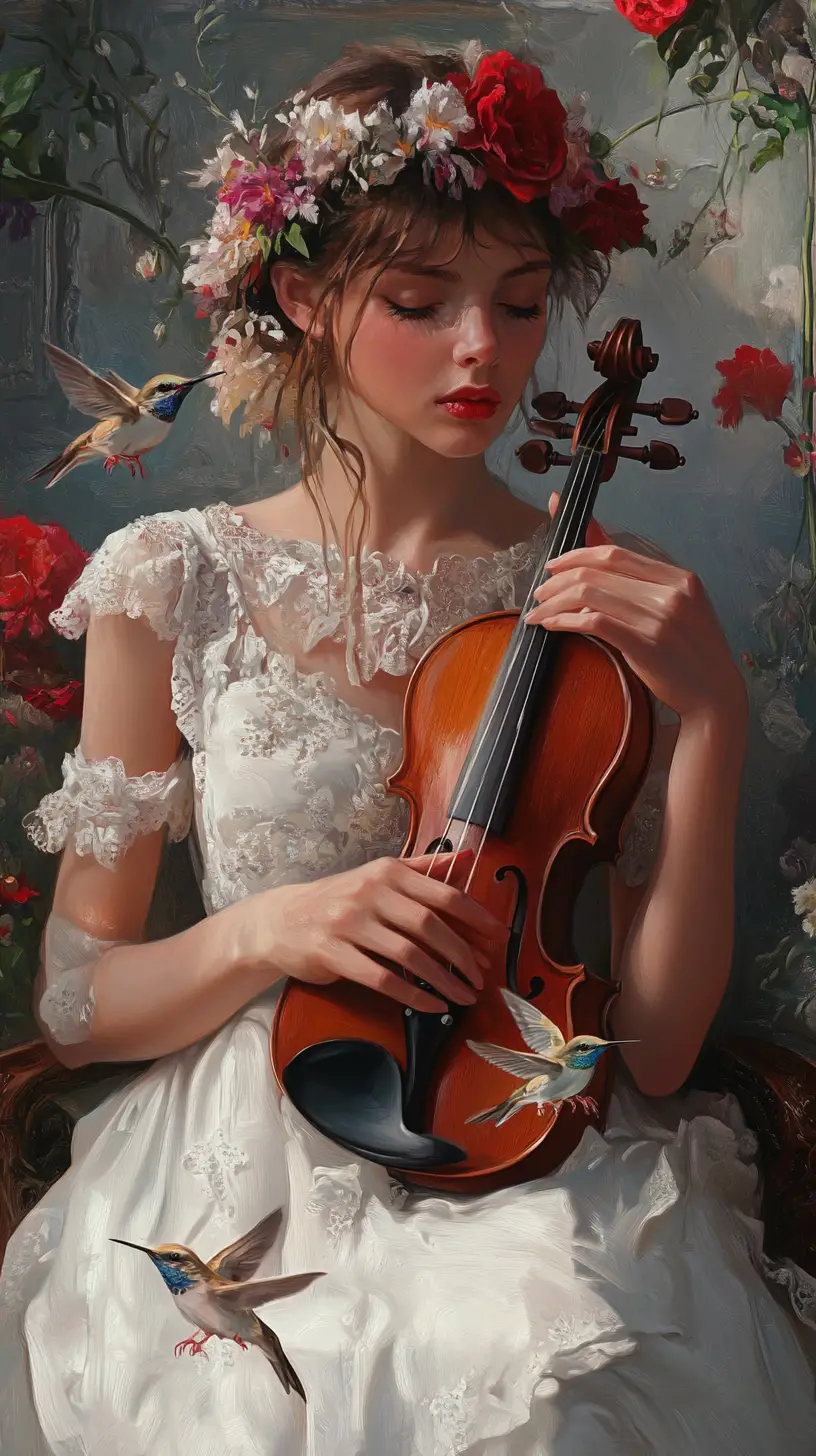 Elegant woman with violin and floral crown among hummingbirds