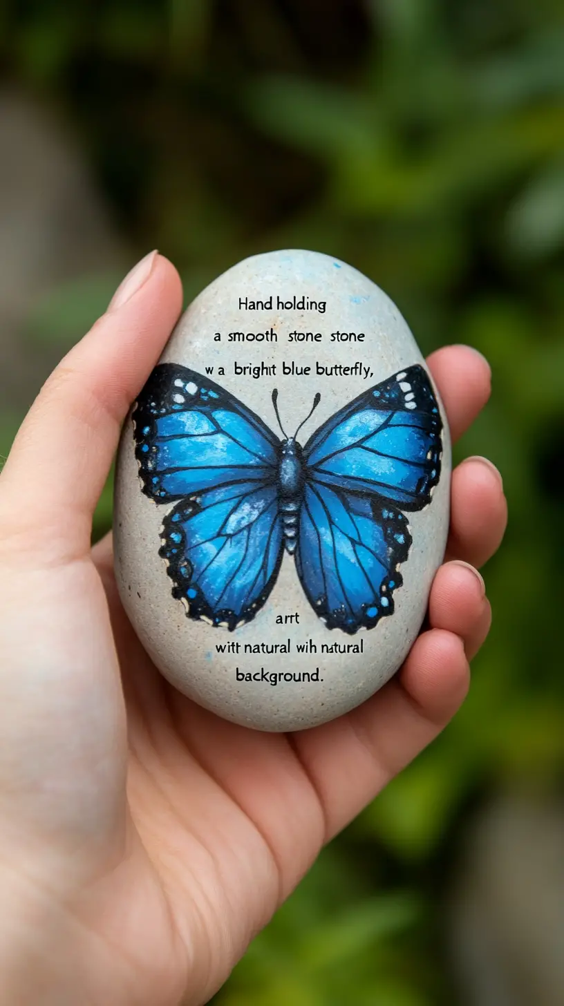 Hand Holding A Blue Butterfly Stone In Nature Setting