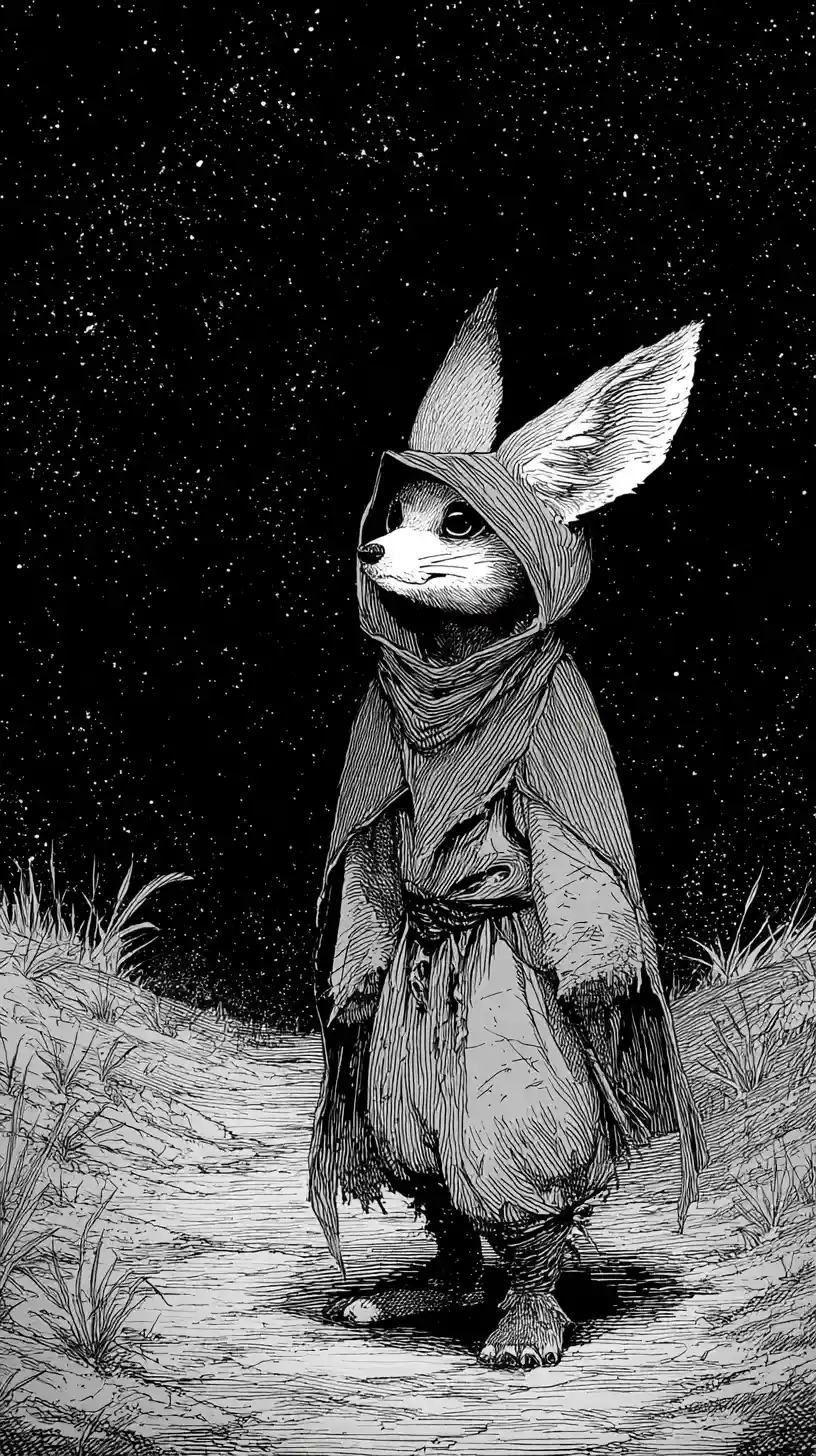 Anthropomorphic fennec fox wanderer on a lonely night path