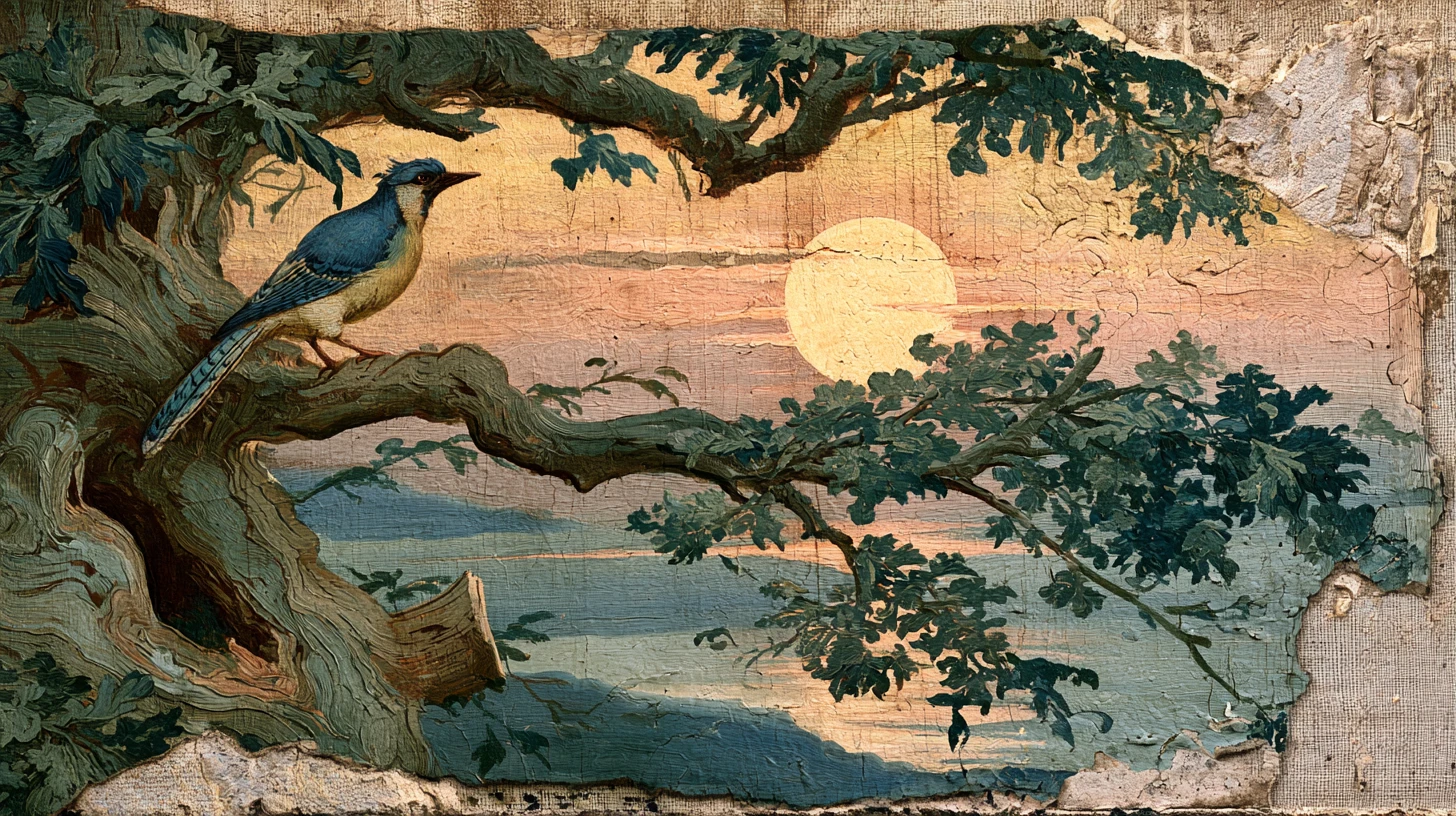 Blue jay on ancient oak branch in oil painting style