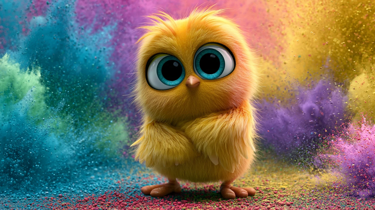 Pequeño pollito amarillo rodeado de vibrantes nubes de polvo de colores