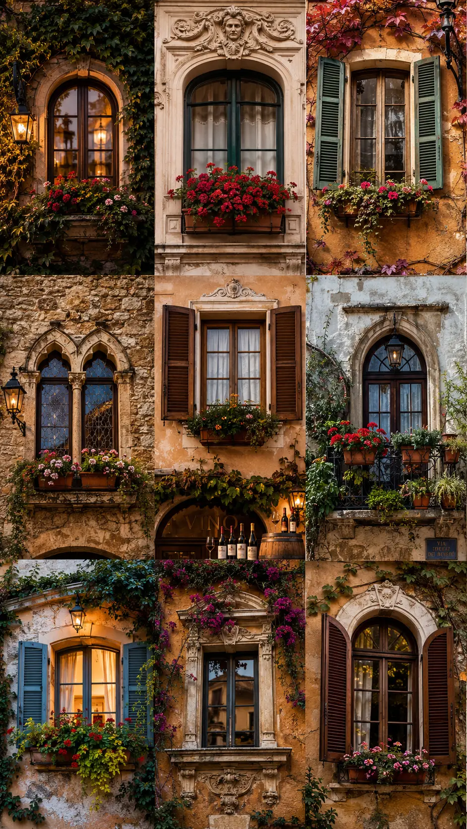 Colorful collage of charming historical building windows
