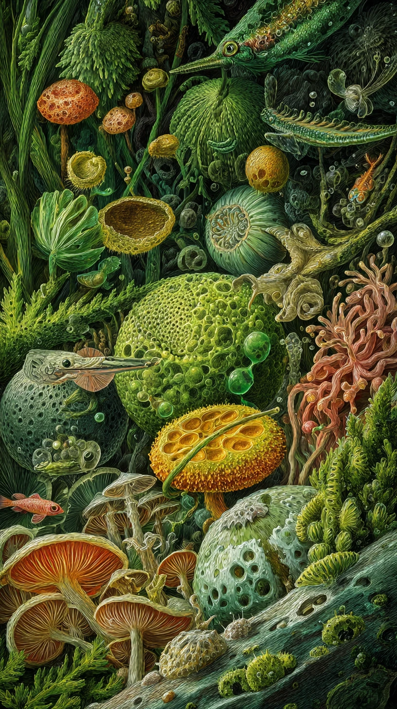 Pintura al óleo surrealista de formas de vida abstractas entrelazadas