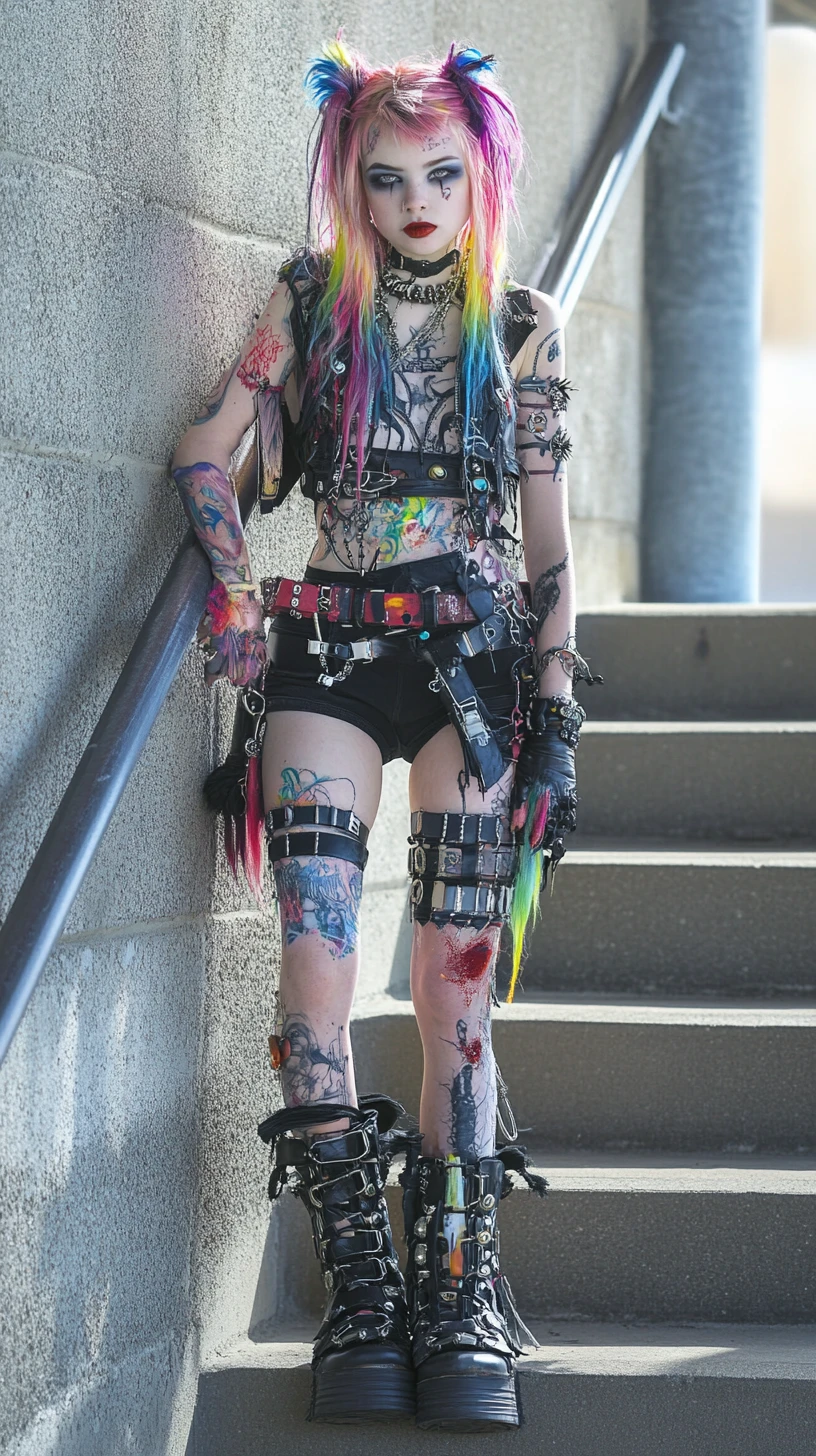 Punk goth teen girl posing in public with body art