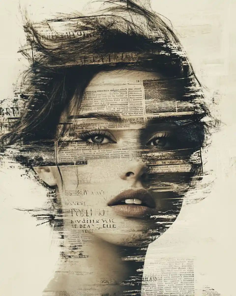 Double exposure portrait of a woman in newspaper collage