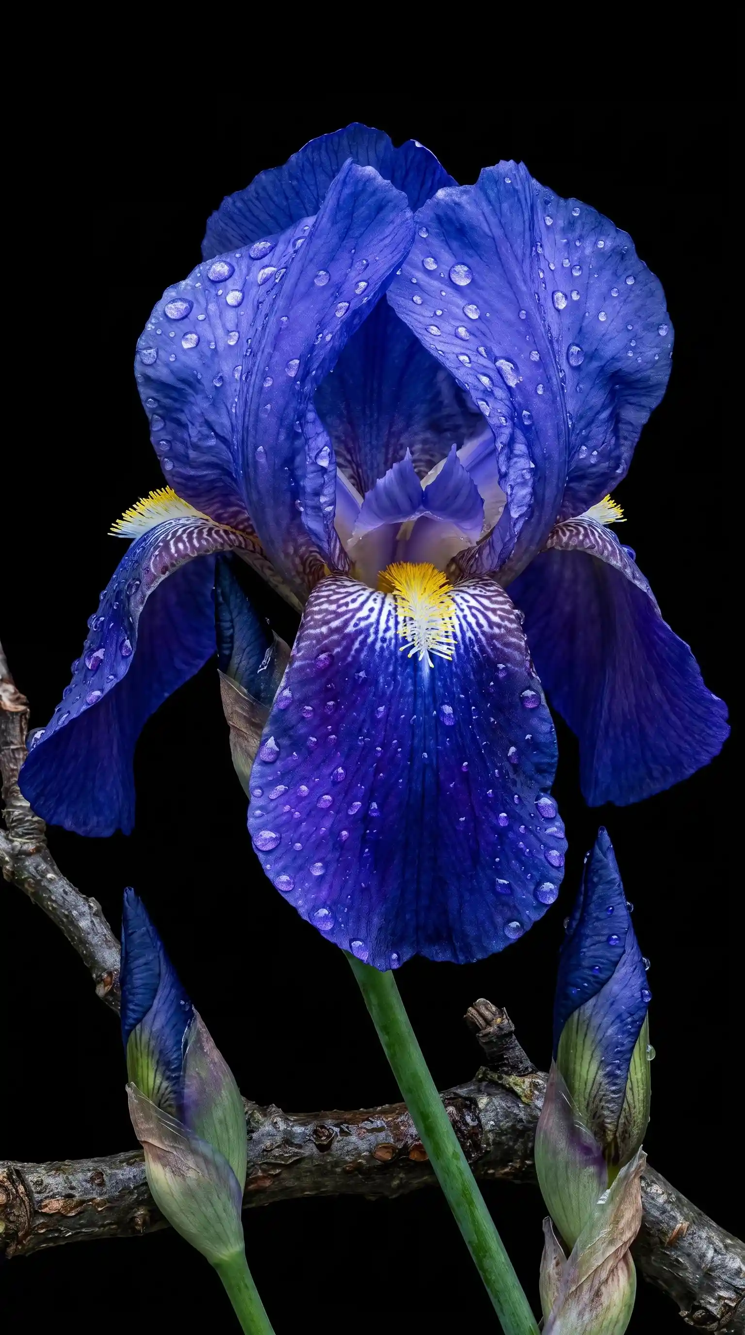 黒い背景に枝先のつぼみを添えた繊細な花