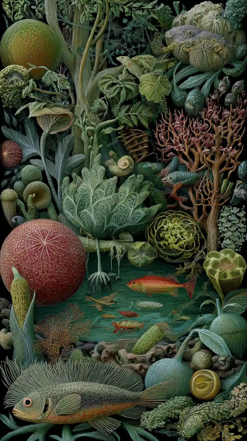 Pintura al óleo surrealista de formas de vida abstractas entrelazadas