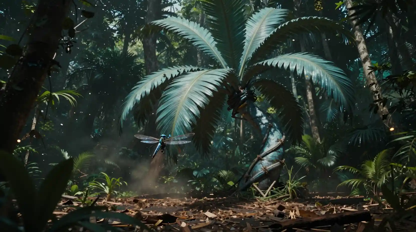 Palmera mutante atrapando un dron en la selva oscura