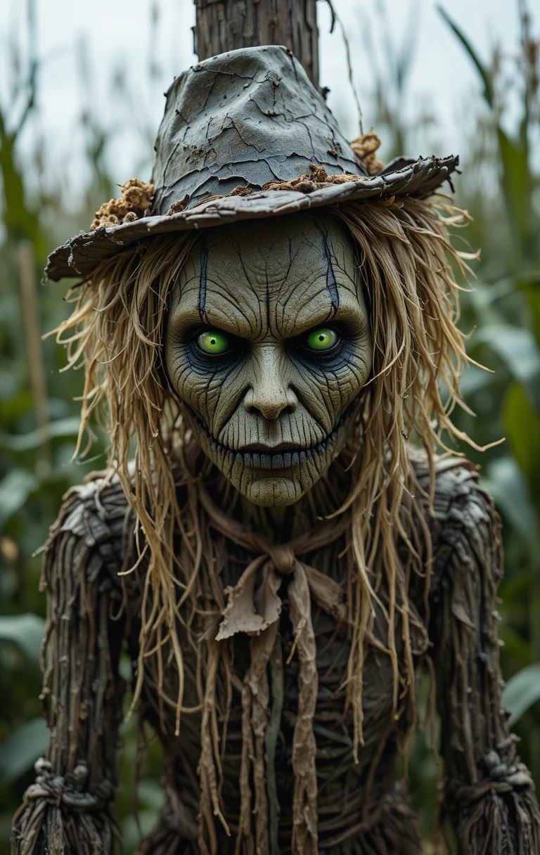 Creepy Straw Scarecrow Close Up In A Dark Cornfield